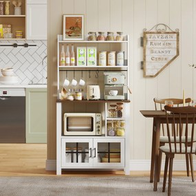 Armário de Cozinha Alto Móvel Auxiliar de Cozinha com 6 Ganchos para Chávenas 2 Portas de Vidro Prateleiras Abertas  80x40x152 cm Branco