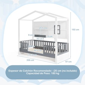 Estrutura cama de criança com prateleiras Grades para janelas e vedação Ripas de madeira 206 x 97 x 192 cm Branco e cinzento