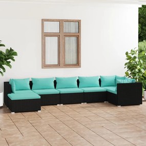 7 pcs conjunto lounge de jardim c/ almofadões vime PE preto