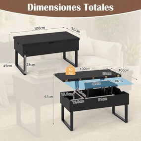 Mesa de centro conversível 3 em 1 com tampo elevável 100 x 50 x 49 cm e 3 compartimentos ocultos de madeira para sala de estar Preta
