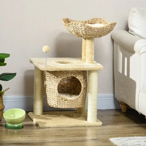 Arranhador  para gatos com arranhador de sisal natural, 1 nicho, cesto com pompons e pelúcia 45 x 40 x 74 cm, bege