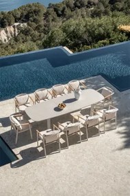 Conjunto De Mesa Retangular Extensível Em Cerâmica Zinti 220-280x100 Cm E 10 Cadeiras De Jardim Em Alumínio E Tecido Bouclé Yerv Cinzento Areia -