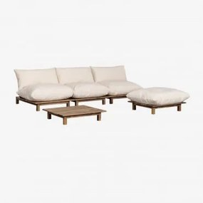 Conjunto De Sala De Estar Com Sofá Reclinável Modular De 3 Peças, Mesa De Centro E Pufe Em Madeira De Acácia Brina Crema - Sklum