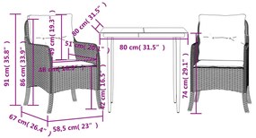 3 pcs conjunto de jantar p/ jardim c/ almofadões vime PE cinza