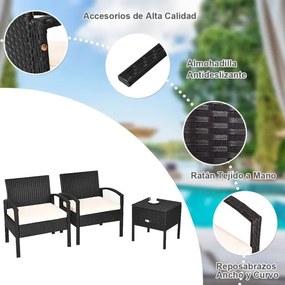 Conjunto de móveis Jardim de 3 peças com almofadas amovíveis Mesa de café Conjunto de cadeiras de vime para jardim e piscina Branco