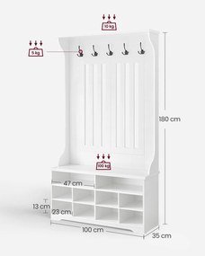 Móvel entrada, Hall 35 x 100 x 180 cm com cabideiro e  banco para sapatos Branco