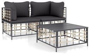 3 pcs conjunto lounge de jardim c/ almofadões vime PE antracite