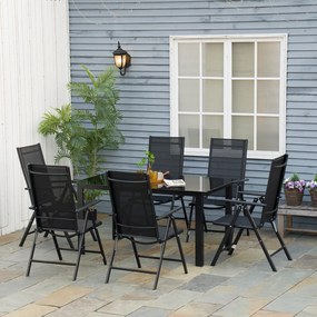 Conjunto de Jardim Refeição 7 Peças com 6 Cadeiras Dobráveis e Reclináveis Mesa com Bancada de Vidro Temperado Preto