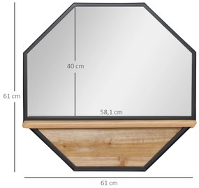 Espelho Decorativo de Parede 61x61cm Espelho Octógono com Prateleira de Armazenamento para Sala de Estar Dormitório Entrada Preto