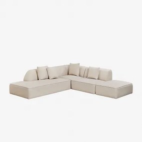 Sofá Modular De Canto Em 3 Peças Com Chaise Longue À Esquerda E Puff Estofado Cardea Chenille Bege Creme - Sklum