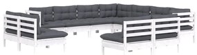 11 pcs conj. lounge de jardim c/ almofadões pinho maciço branco