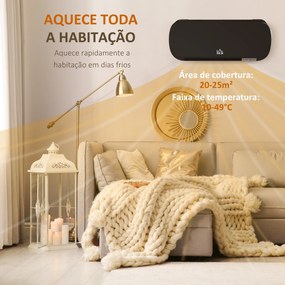 Aquecedor Cerâmico de Parede 1000W/2000W com Controle Remoto 3 Modos de Aquecimento Temporizador de 12h Termostato e Proteção contra Superaquecimento