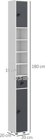 Coluna Casa de Banho Moderna com 1 Gaveta 5 Prateleiras Ajustáveis e 2 Armários 20x20x180 cm Cinza
