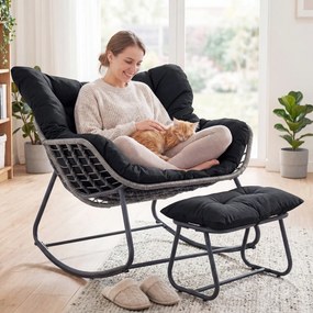 Cadeira de baloiço com apoio para os pés em rattan PE, almofadas removíveis, Estrutura metálica antiderrapante, capacidade de carga de 150 kg, para sa