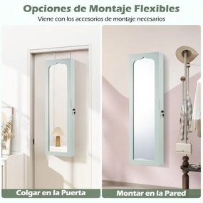 Armário para joias com espelho, iluminação LED 36,5 x 11,5 x 120 cm, fechadura para montar na porta e na parede, Verde