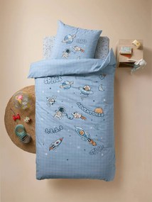 Conjunto capa de edredon + fronha de almofada para criança, com algodão reciclado, Planetas azul estampado