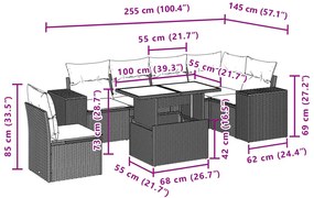 7 pcs conjunto de sofás p/ jardim com almofadões vime PE bege