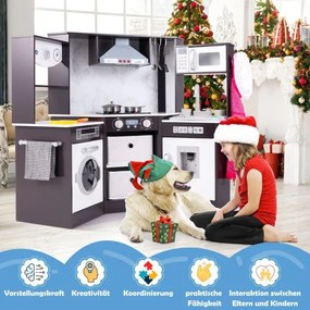 Cozinha de madeira para crianças 102 x 51 x 85 cm com luz, som, dispensador de água, máquina de lavar e acessórios, cozinha de brinquedo castanha