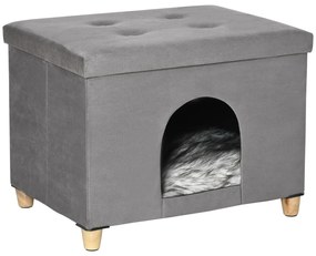 Caverna para Gatos Dobrável 2 em 1 Banco para Apoio dos Pés com Tampa Removível Orifício de Entrada Almofada Lavável e Pés Elevados de Madeira para Interior 60x45x44,5cm Cinza