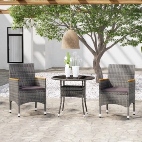 3 pcs conjunto de jantar para jardim vime PE cinzento