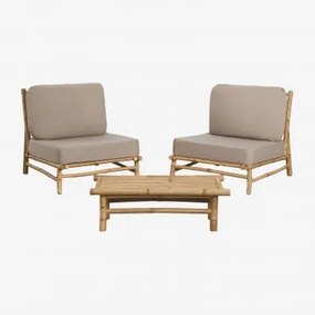 Conjunto De Jardim Com 2 Poltronas E Mesa Auxiliar Retangular 75x40 Cm Em Bambu Isendra Tecido Castanho Moca - Sklum