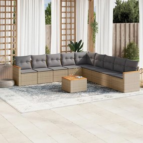 10 pcs conj. sofás jardim c/ almofadões vime PE bege misturado