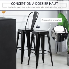 Conjunto de 4 bancos de bar empilháveis, estilo industrial, com encosto e apoio para os pés, altura do assento de 76 cm, em metal preto