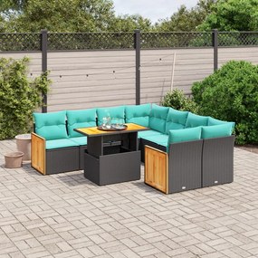 vidaXL 9 pcs conjunto de sofás p/ jardim c/ almofadões vime PE preto