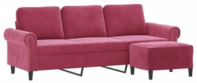 Sofá de 3 lugares com apoio de pés 180 cm veludo vermelho tinto