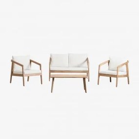 Conjunto De Jardim Com Sofá, 2 Poltronas E Mesa De Centro Em Madeira De Acácia Kaela Marrom Acácia Claro & 2 Lugares & Tecido Gardénia Branco - Sklum