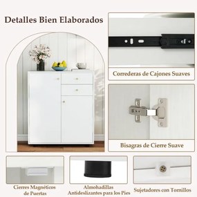 Aparador armário para cozinha ou sala 74 x 35 x 85,5 cm com 2 gavetas, 2 portas e 3 prateleiras ajustáveis, estilo rústico moderno Branco