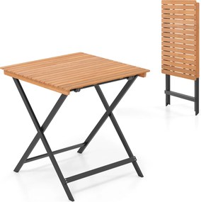 Mesa auxiliar jardim dobrável quadrada em madeira de acácia 70 x 70 x 73 cm com tampo de ripas e travessas reforçadas, portátil para pátio, terraço ou