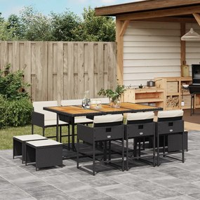 11 pcs conjunto de jantar p/ jardim c/ almofadões vime PE preto
