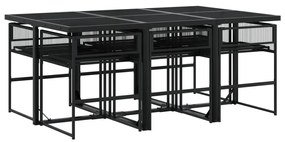 7 pcs conjunto de jantar p/ jardim c/ almofadões vime PE preto