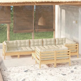vidaXL 9 pcs conjunto lounge jardim c/ almofadões creme pinho maciço