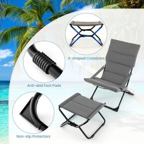 Cadeira de jardim dobrável com pufe portátil para exterior com apoio para os pés e almofada amovível reclinável Cinzento