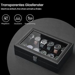 Caixa para relógios com 12 compartimentos com tampa de vidro 20,2 x 30,2 x 7,8 cm revestimento em PU preto, forro em veludo preto