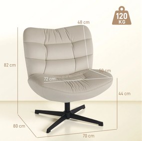 Poltrona giratória de sala, cadeira estofada em chenille sem braços, assento e encosto largos, 70 x 80 x 82 cm, creme