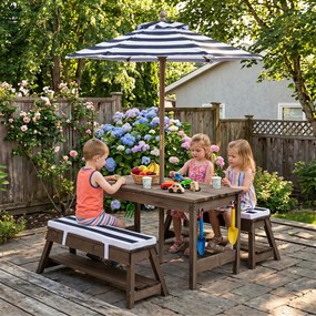 Conjunto de Mesa Infantil com 2 Bancos e Sombrinha, 89 x 44 x 50 cm, Sombrinha Regulável em 3 Posições, Azul