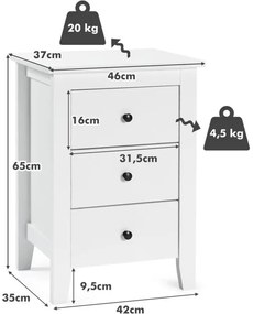 Mesa de cabeceira em madeira com 3 gavetas resistentes e espaçosas, estilo moderno, 46 x 37 x 65 cm, branca
