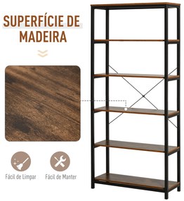 Estante estilo industrial com 6 prateleiras abertas para sala de estar Escritório 80x30x180 cm Castanho Rústico