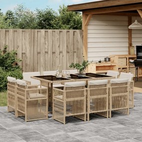 vidaXL 11 pcs conjunto de jantar p/ jardim com almofadões vime PE bege