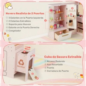 Cozinha infantil canto 102 × 100 × 94 cm com luzes e sons, frigorífico de duas portas, Geleira, micro-ondas e arrumação em madeira para crianças a par