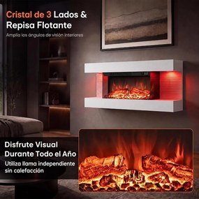 Lareira Elétrica de Parede com Vista por Três Lados, 82 x 20,6 x 41,8 cm, Controlo por Wi-Fi, Branco