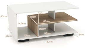 Mesa de centro com arrumação retangular moderna com Estante Mesa de centro geométrica versátil de 3 níveis para a sala de estar Branca