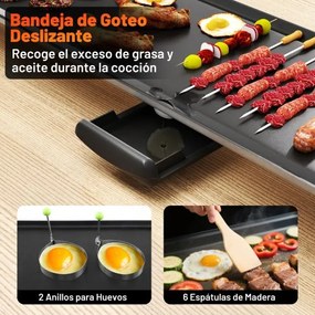 Grelhador elétrica portátil 105x24x10,5 cm com 2 superfícies de cozedura Termostato de 4 níveis e tabuleiro removível