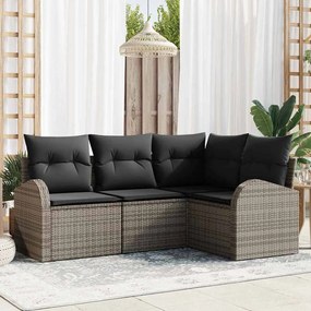 vidaXL Conjunto de Sofá de Jardim de 4 Peças com Almofadas Cinza Rattan Poliéster