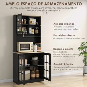 Armário de Cozinha com Prateleiras e Portas de Vidro  Armário Alto de Cozinha para Pequenos Eletrodomésticos e Louças 80x37x183 cm Preto