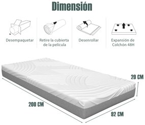 Colchão de espuma viscoelástica com gel e furos de ar Colchão individual 90 x 200 x 20 cm Branco + Cinza