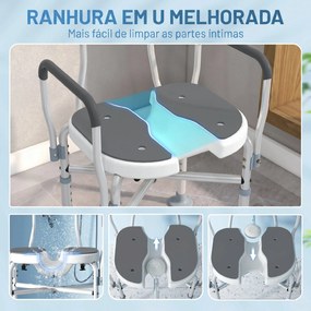 Cadeira de Duche com Abertura em U, Altura Regulável, Antiderrapante, com Encosto e Apoios de Braços, até 136 kg, Cinzento
